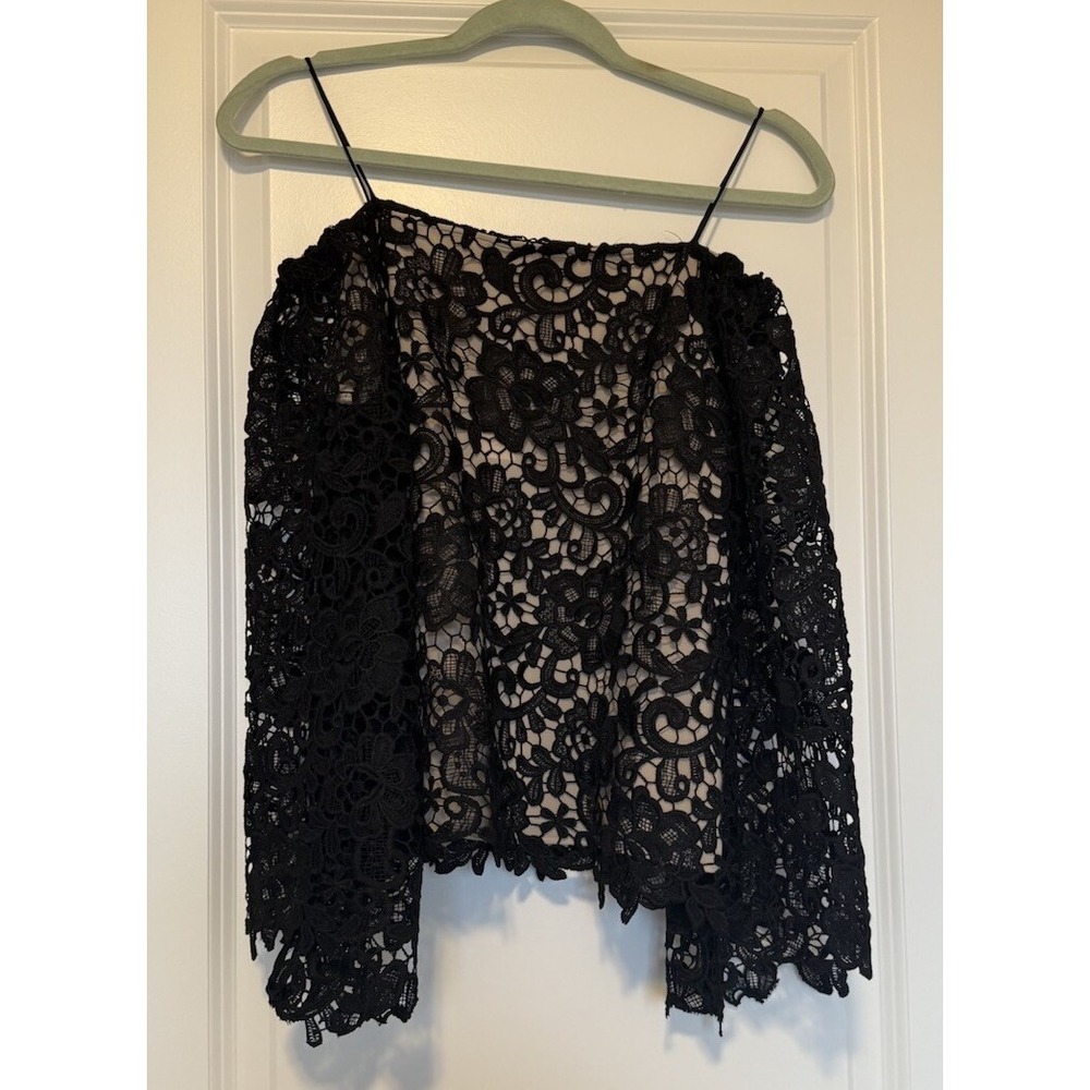 NWT Alice + Olivia Lace Off-the-shoulder Top Lace Bell Sleeves Black Blouse SZ S